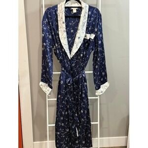 Inner Most Vintage Navy Floral Satin Robe Shawl Collar M Hollywood Regency MCM